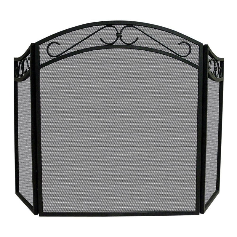 Uniflame 3 Fold Black Wrought Iron Arch Top Screen with Decorative Scrolls