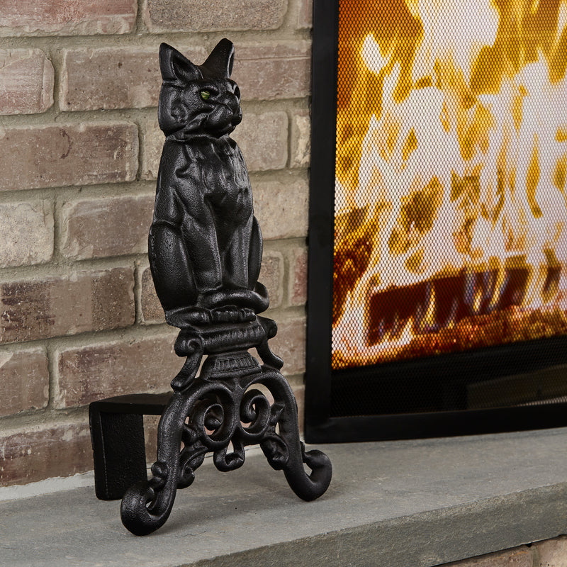 Uniflame - Black Cast Iron Cat Andirons with Reflective Glass Eyes