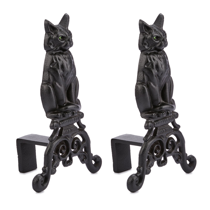 UniFlame Black Cast Iron Cat Andirons with Reflective Glass Eyes