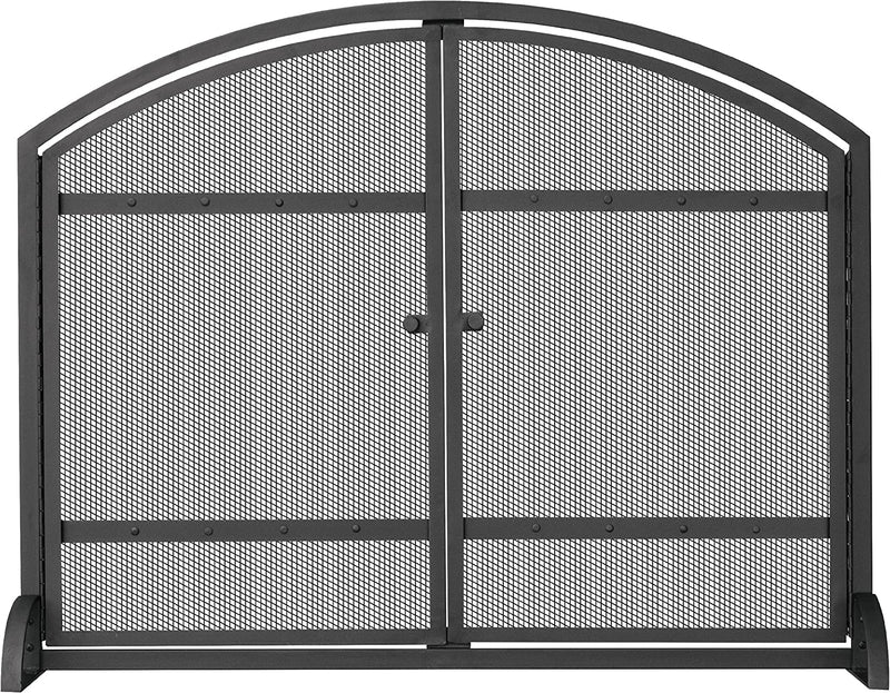 UniFlame Single Panel Black Wrought Iron Arch Top Screen with Doors