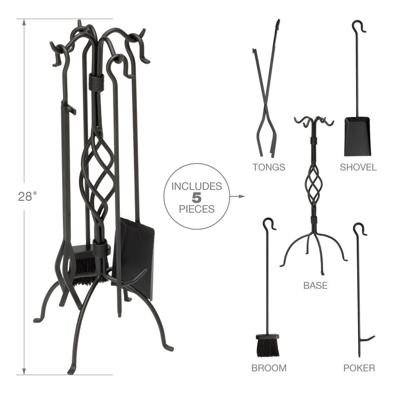UniFlame 5-Piece Black Wrought Iron Fireset with Center Weave and Crook Handles