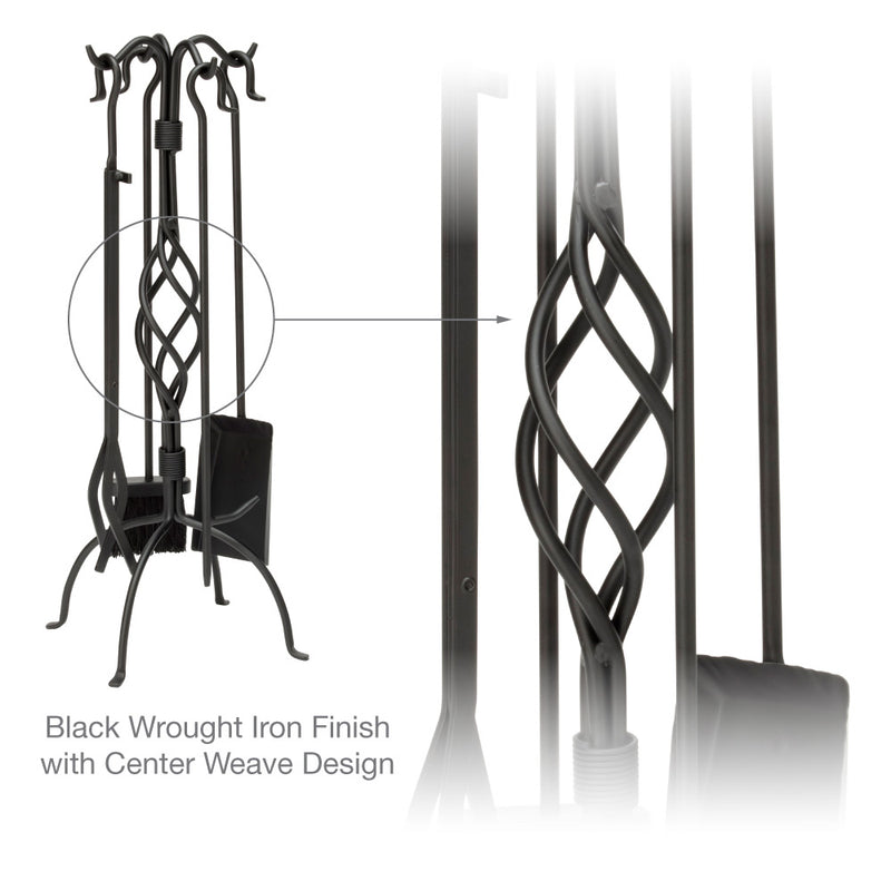 UniFlame 5-Piece Black Wrought Iron Fireset with Center Weave and Crook Handles