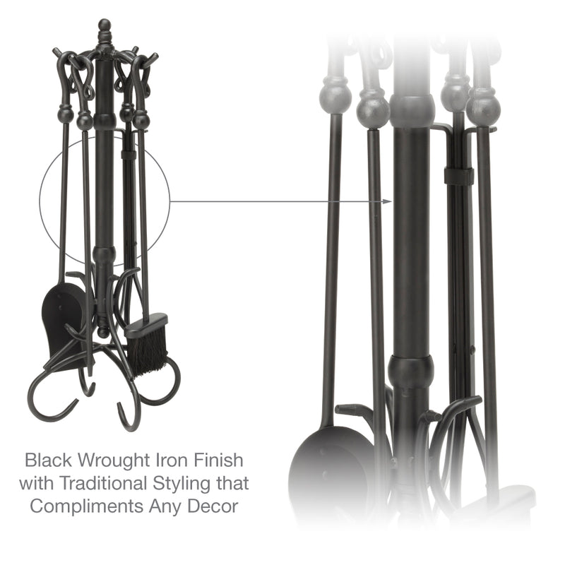 UniFlame 5-Piece Black Wrought Iron Fireset with Heavy Crook Handles