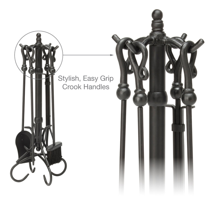 UniFlame 5-Piece Black Wrought Iron Fireset with Heavy Crook Handles
