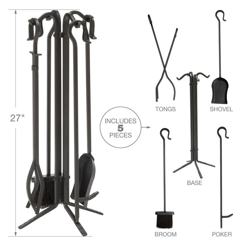 UniFlame 5-Piece Black Wrought Iron Fireset with Crook Handles