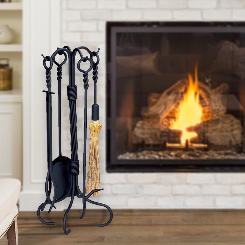 UniFlame 5-Piece Black Wrought Iron Fireset with Ring/ Twist Handles