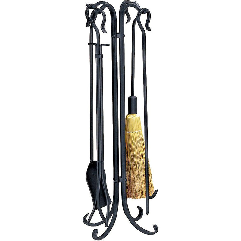 Uniflame 5 Piece Black Wrought Iron Heavyweight Rustic Fireset with Crook Handles