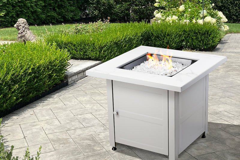 Endless Summer 30 In. Gas Firepit with Faux Marble Mantel and Stamped Steel Base