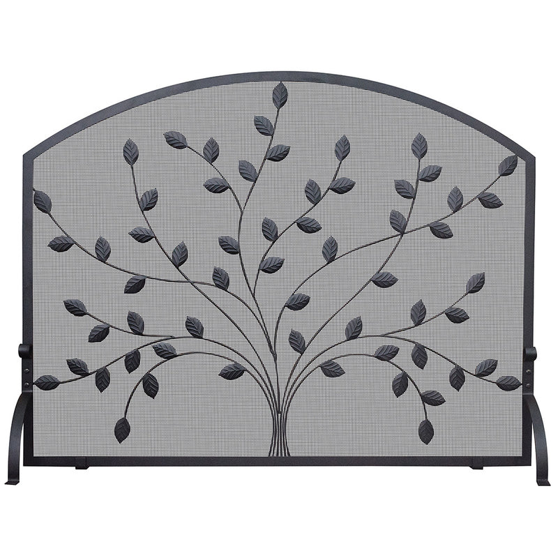 UniFlame Single Panel Black Wrought Iron Screen with Leaf Design