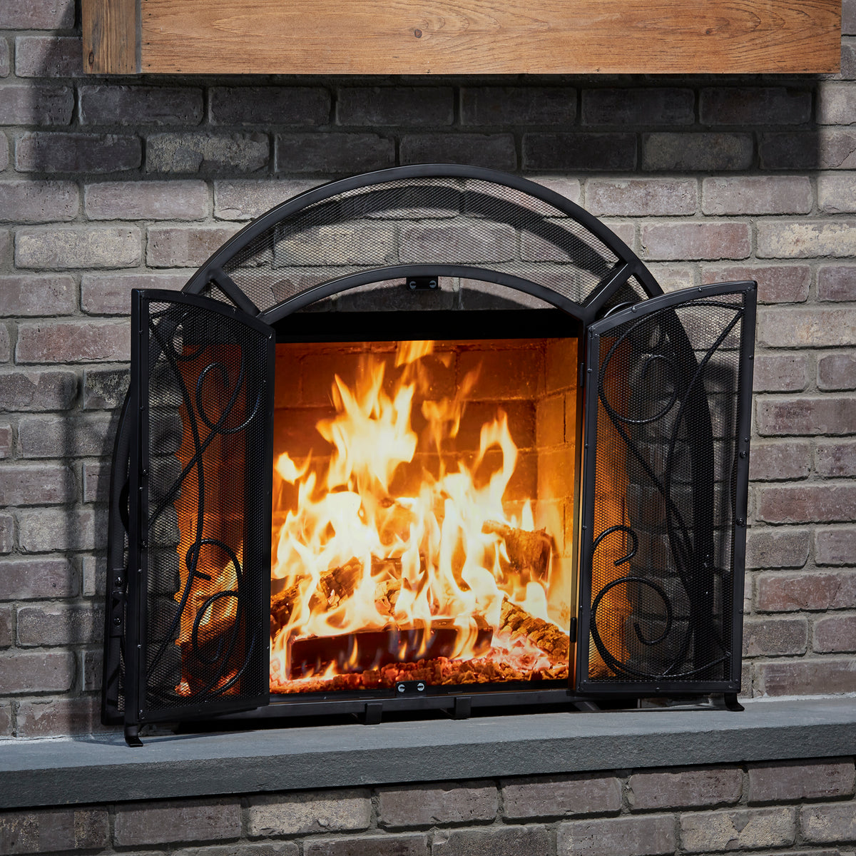 Single Panel Black Wrought Iron Ornate Screen with Doors