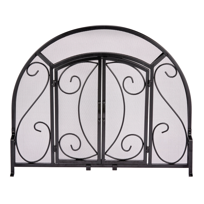 UniFlame Single Panel Black Wrought Iron Ornate Screen with Doors