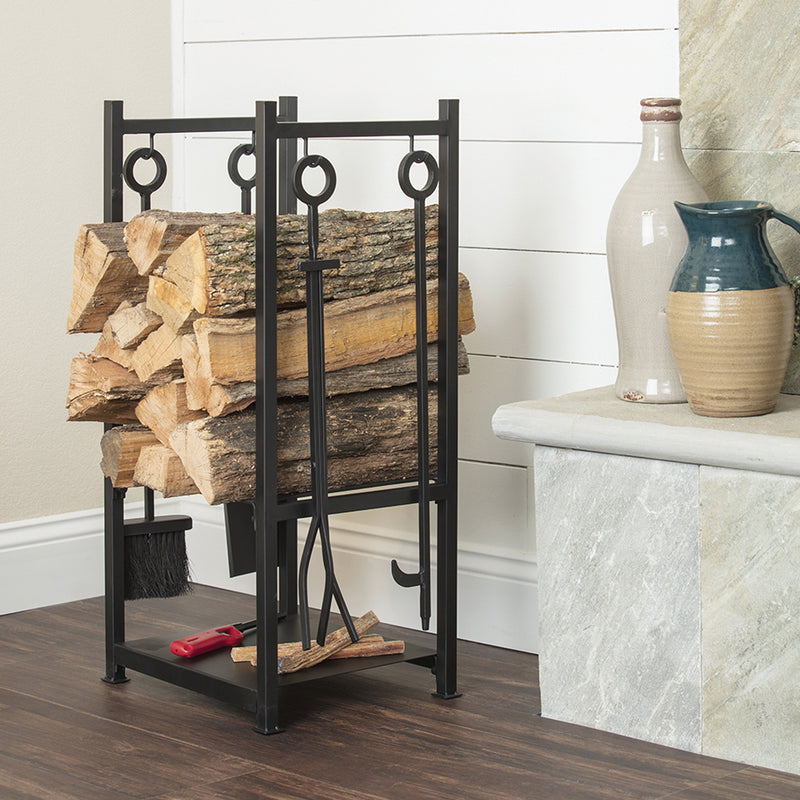 UniFlame Black Wrought Iron Log Holder with Fire Tools with Ring Handles