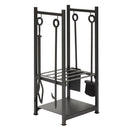 Black Wrought Iron Log Holder with Fire Tools with Ring Handles | UniFlame